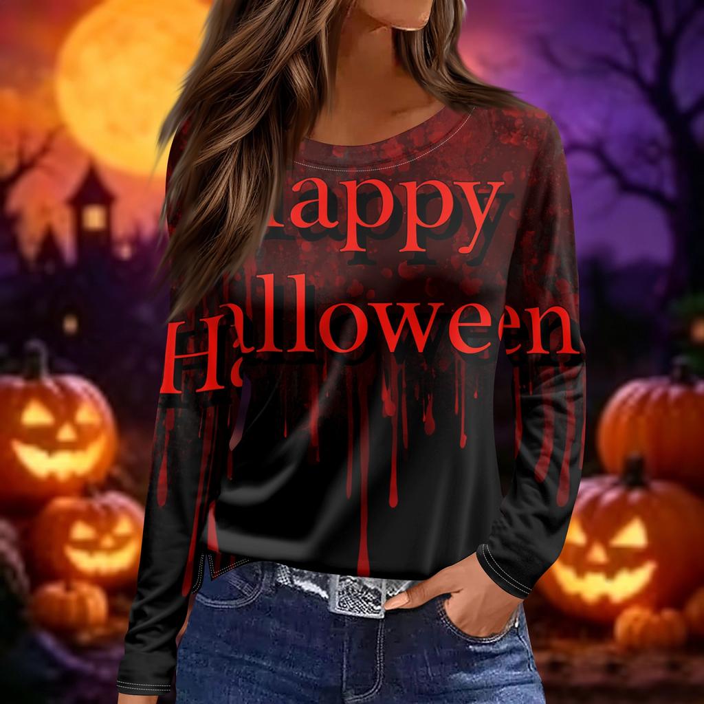 Women's Long Sleeve Neck Top with Halloween Print and Side Slit Hem for Party Casual Wear
