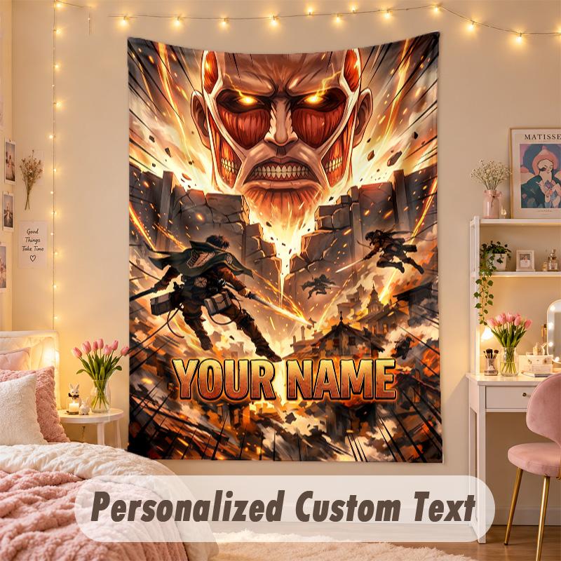 Custom Personalized Tapestry,Attack on Titan Print Custom Name Text Wall Art Hanging for Bedroom