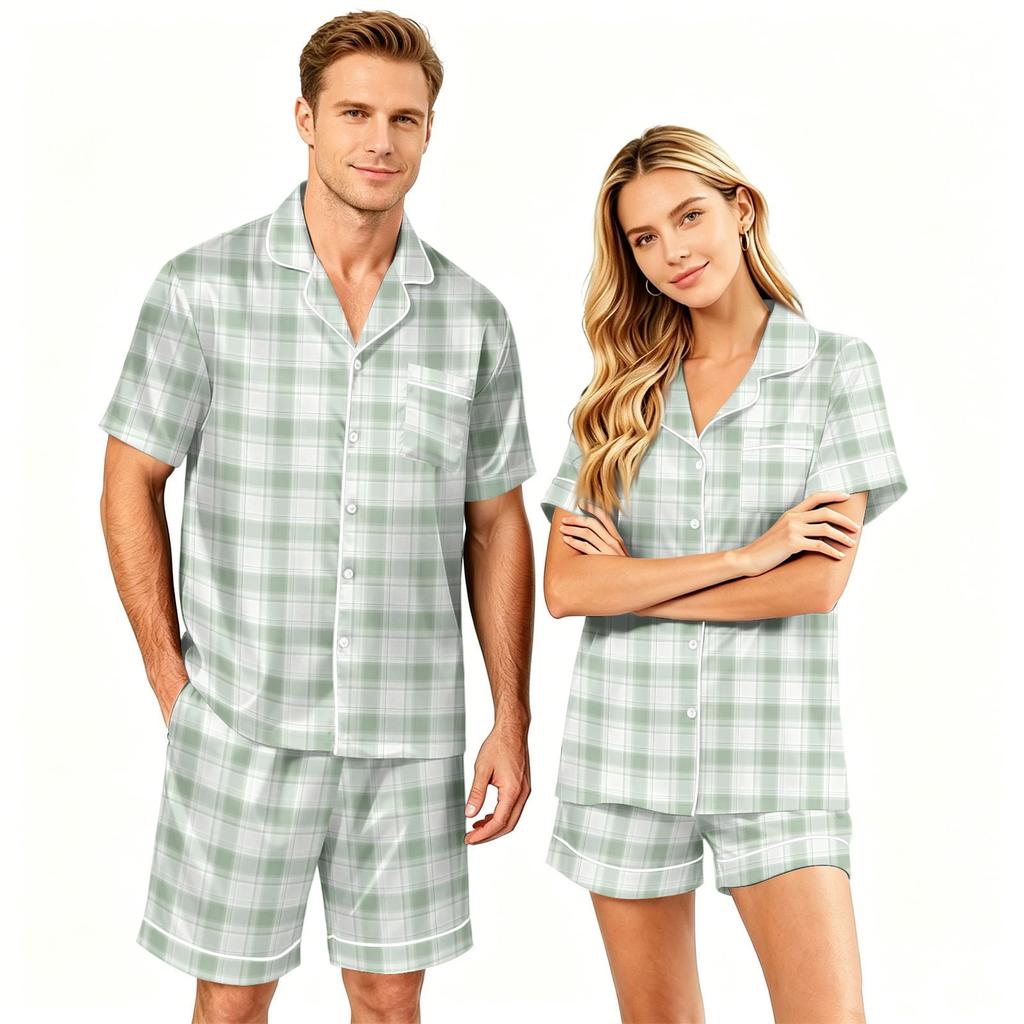 Couple Matching Pajama Set Short Sleeve Button Down Shirt with Hem and Shorts Set Soft Casual Sleepwear Available In Sizes S To XXXXL
