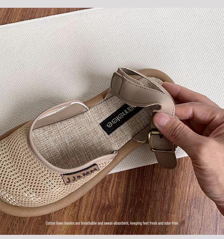 Women's Breathable Mesh Closed-Toe Linen Sandals - Hollow Design, Single Strap, Plus Size Available