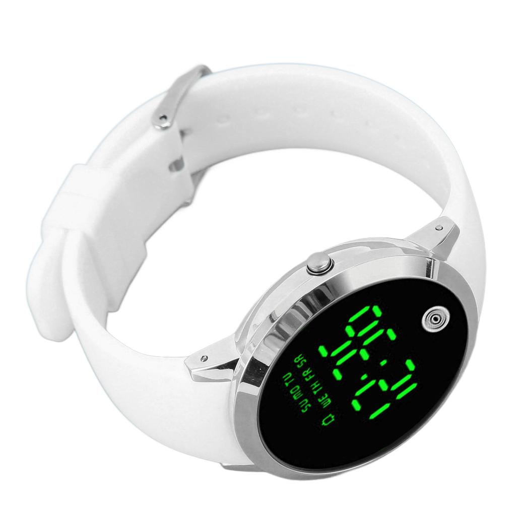 Men Digital Watch Round Color Screen Waterproof Backlit Ultra Thin Stylish Alarm Sports Watch Silver Shell White Belt
