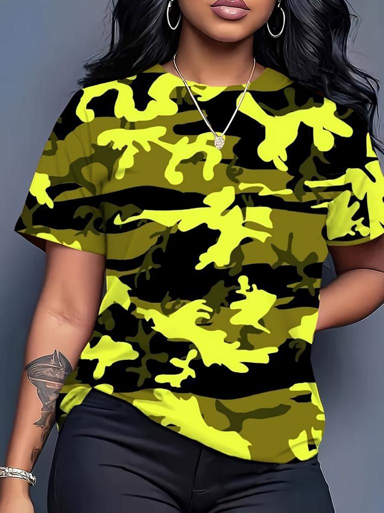 T-shirt da Donna Camo Rosa Vivace Stampa 3D—Stile Audace, Femminile Look Casual Accattivante Che