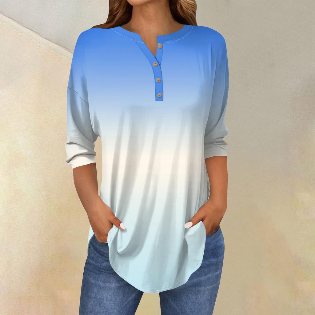 Tee Shirts For Women Fall Casual 3/4 Long Sleeve Button Shirts Sweatshirt Vintage  Top Pullover
