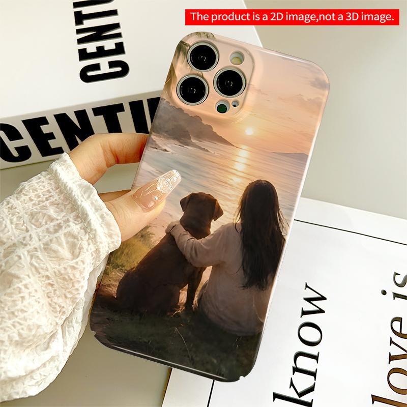 2DFlat Sunset Beach with Dog and Girl All inclusive film hard iPhone case, compatible with iPhone 18 Pro Max 17 16 15 14 13 12 11