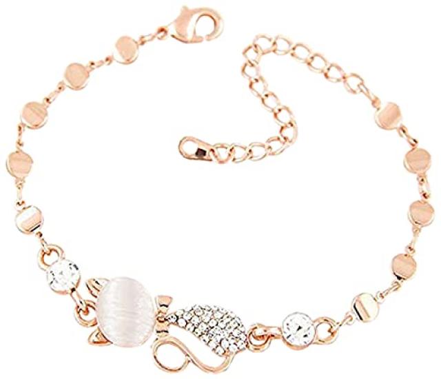 

[Univarc Brand] Cute Cat s Eye Kitten Ladies Bracelet, Jewelry Cloth, Pouch, Bag, and Warranty Card - Luxurious 5-Piece Set Cat, Pink, Gold U00083