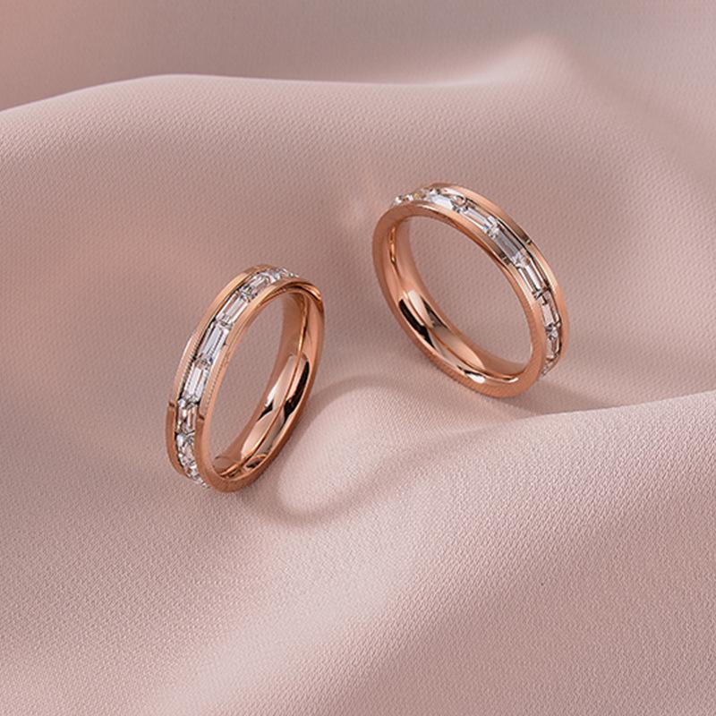Japanese and Korean Simple Titanium Steel Ring Full of Rectangular Zircon Trendy Temperament Couple Ring