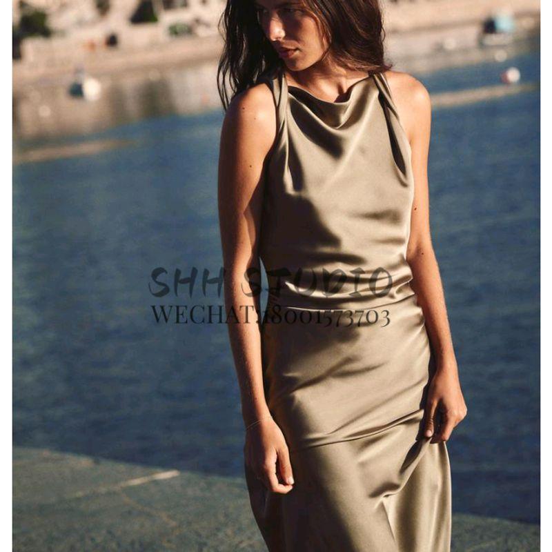Spring New Elegant Sexy Pleated Long Formal Dress Silk Satin Texture Midi Skirt Dress 2124305