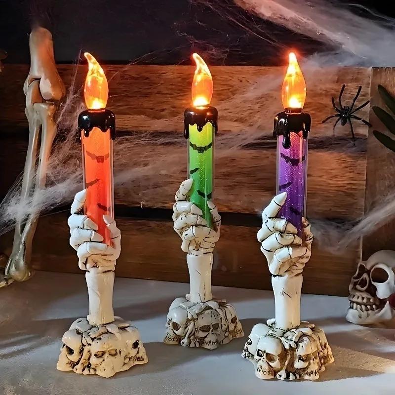 1-3PCS LED Skull Hand Candle Light Battery Operated Flame Effect HalloweenGothic Decoration for Haunted HouseTable Hanging Decor