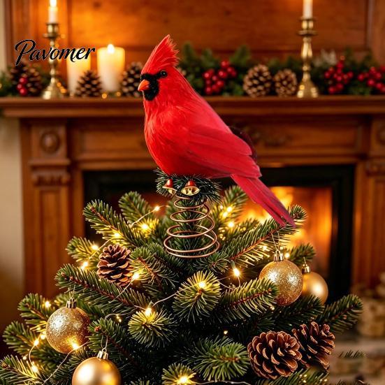 Bird Ornament for Holiday Tree 12 Inch Red Christmas Topper, Artificial Feathered Winter Forest Party Decor with Metal Spring Base, Wedding