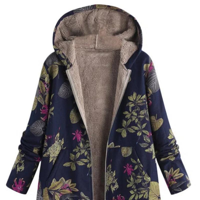 New Autumn Winter Women's Vintage Cotton Linen Coat, Thickened Zip-Up Hooded Jacket with Pockets and Floral Print