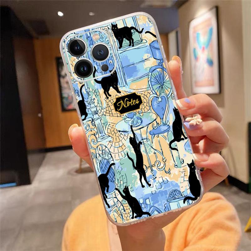 

Чехол для телефона для iphone 17 Pro Air 17ProMax 16 15 14 13 Pro Max 16 15 14 13 Pro 15Plus Черный Кот Цветочный Арт iphone 16Pro