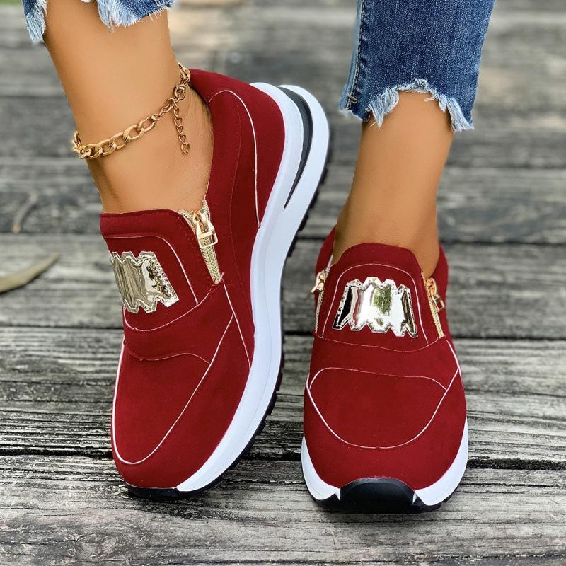 Spring and Autumn New Large Size Sports Shoes Muffin Flat Bottom Side Zipper Solid Color Casual Sports Shoes