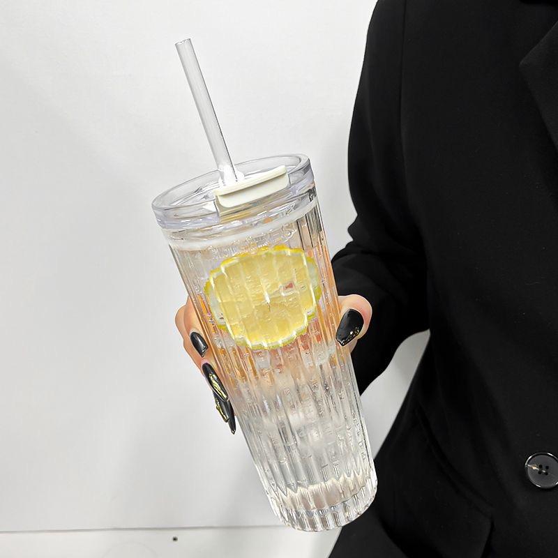 

Кружка стеклянная 600 мл с простым полосатым узором, с крышкой и соломинкой, прозрачная кружка для бабл-ти, стакан для сока, стакан для пива, кружка для молока, кружка для мокко, кружка для завтрака 600ml