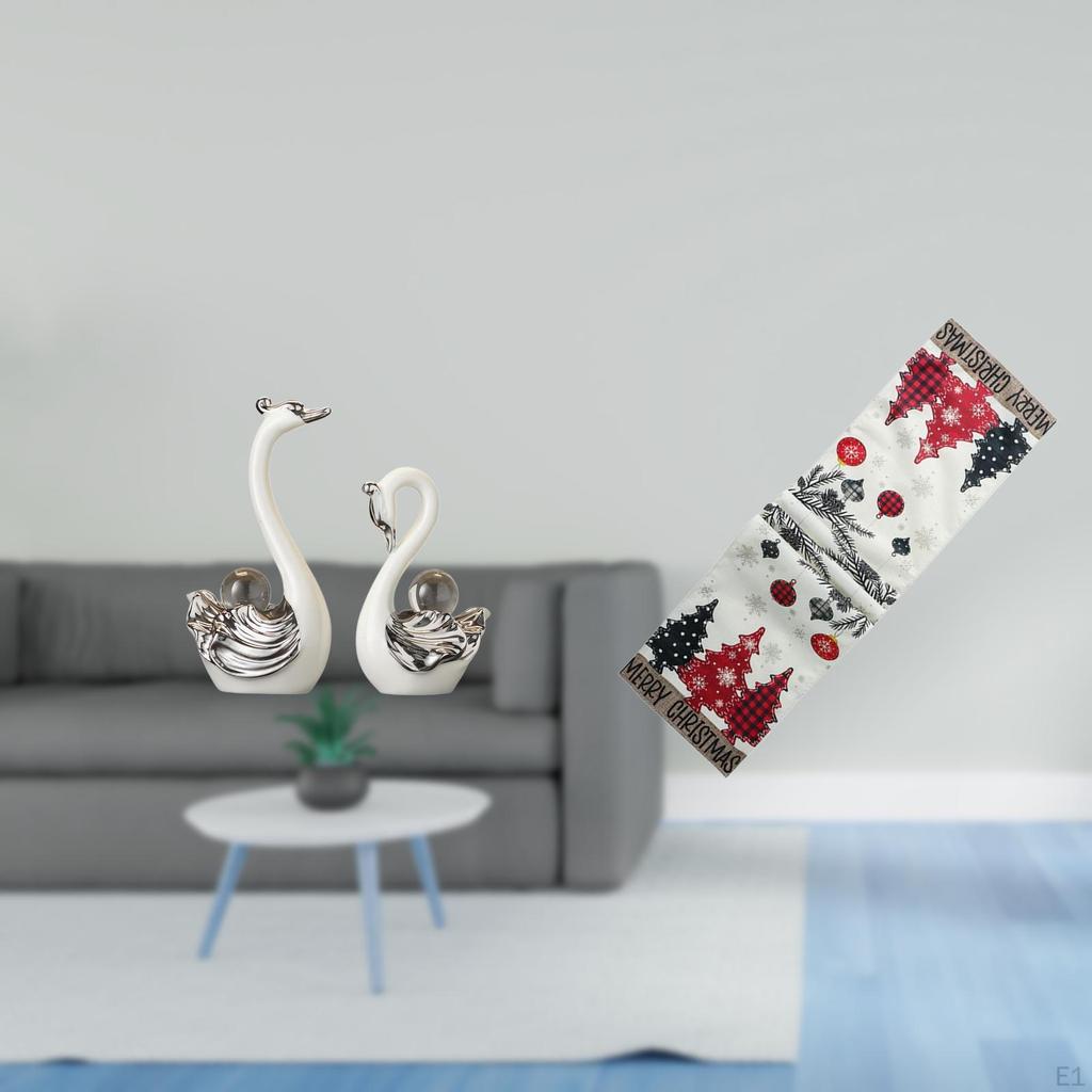 Porcelain Swan Figurine Collection with Christmas Table Runner Seasonal Winter Decor for Living Room