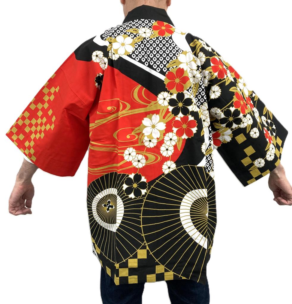Asakusa Kimono Market: Festival Hanten (Umbrella and Cherry Blossom Design) Unisex Happi Coat for Men and Women, Festival Costume, Dance Costume, 7321