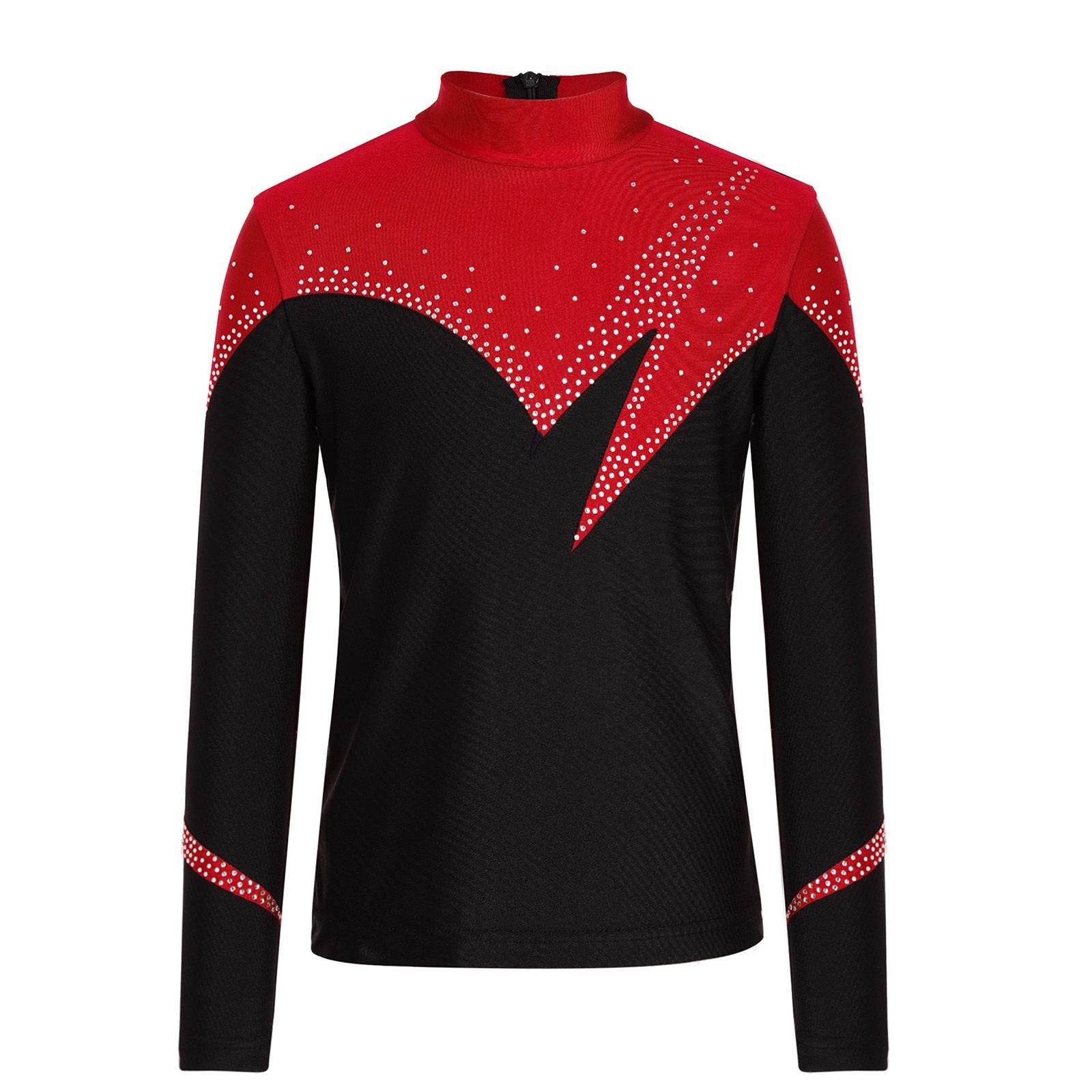 Jungen Eiskunstlauf Kostüm Stehkragen Langarm Verdeckter Reißverschluss Hinten Color Block Glänzende Strasssteine Oberteil 5-6 Years rot