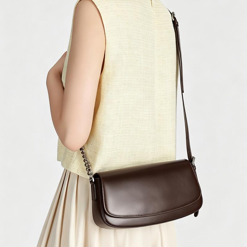 Women's Genuine Leather Minimalist Ladies Fashi retro design Flap Shoulder Bag With Chain Strap Crossbody Bag For Work Travel