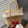 Cherry Lace Straw Woven Shoulder Crossbody Bags for Women Vacati Ladies Seaside Handbag Hollow Design Drawstring Bucket Bag