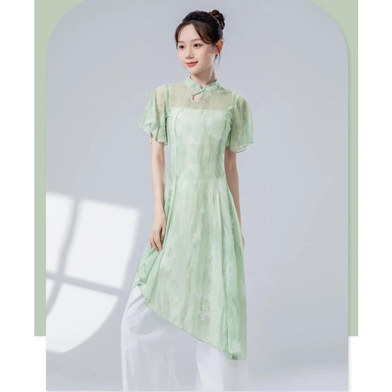 Classical Dance Women Split Hem Long Gauze Mesh Shirt Cheongsam Neck Hanfu Performance Sheer Flowy Blouse Training Dancewear