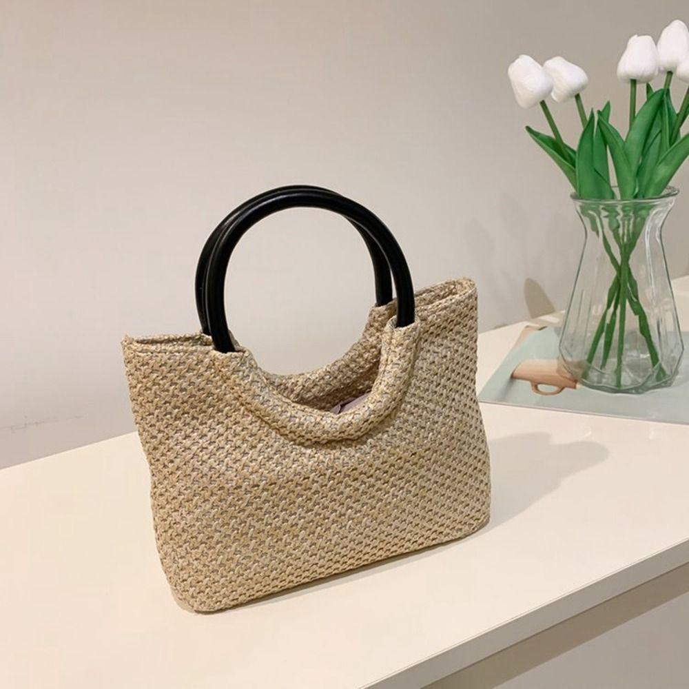 Capacity Bohemian Grocery Handbags Pu Leather Weave Beach Bag Women Handbag Shoulder Bag Straw Bag