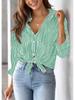 Women's Striped Long Sleeve Collared Button-Down Shirt with Pocket