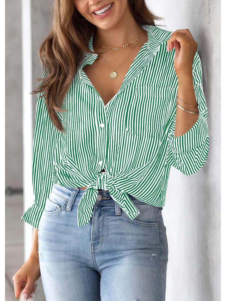 Women's Striped Long Sleeve Collared Button-Down Shirt with Pocket