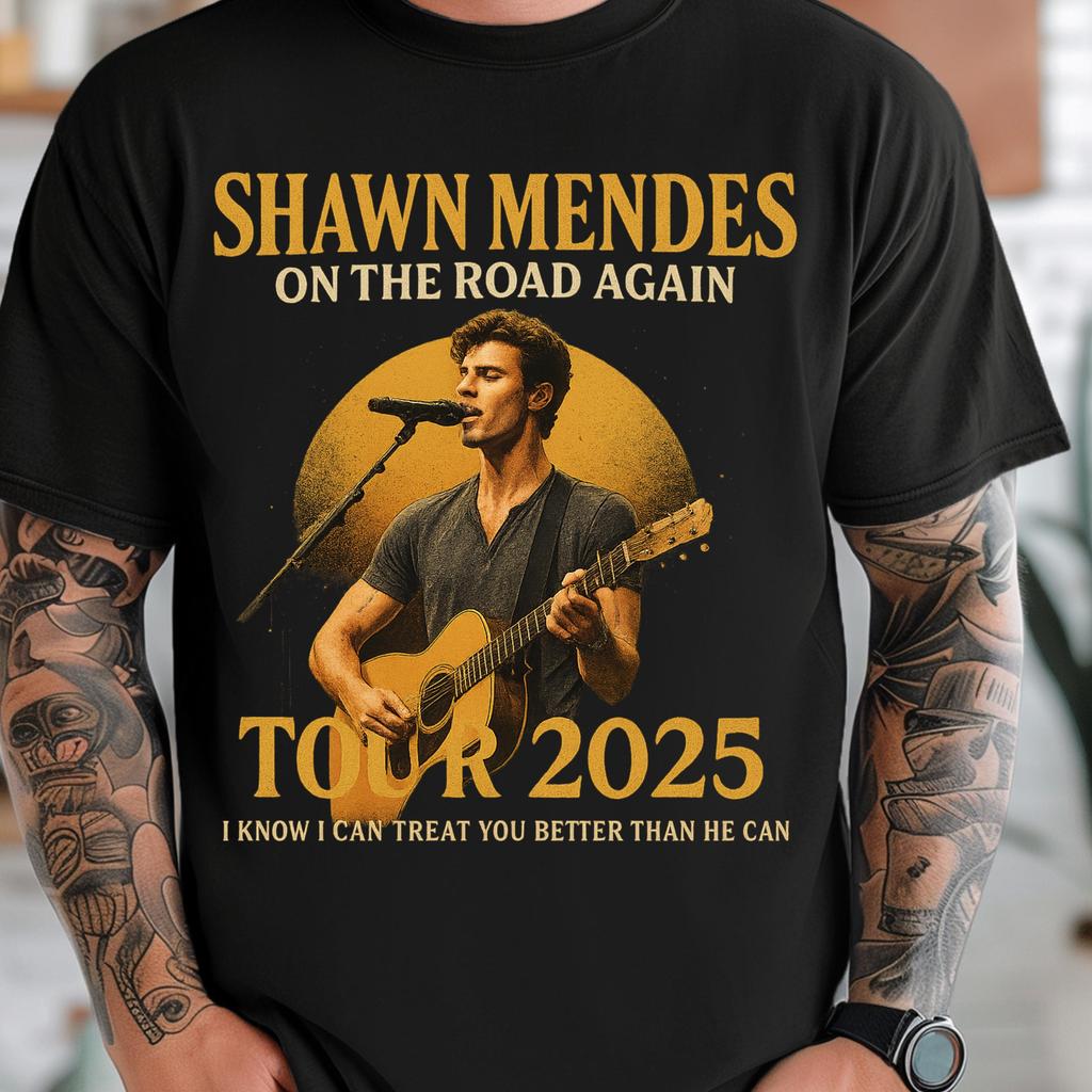 On The Road Again Tour 2025 T-Shirt New In Fashion Casual Loose Short Sleeve Round Neck High Quality Street Wear Shawn Mendes