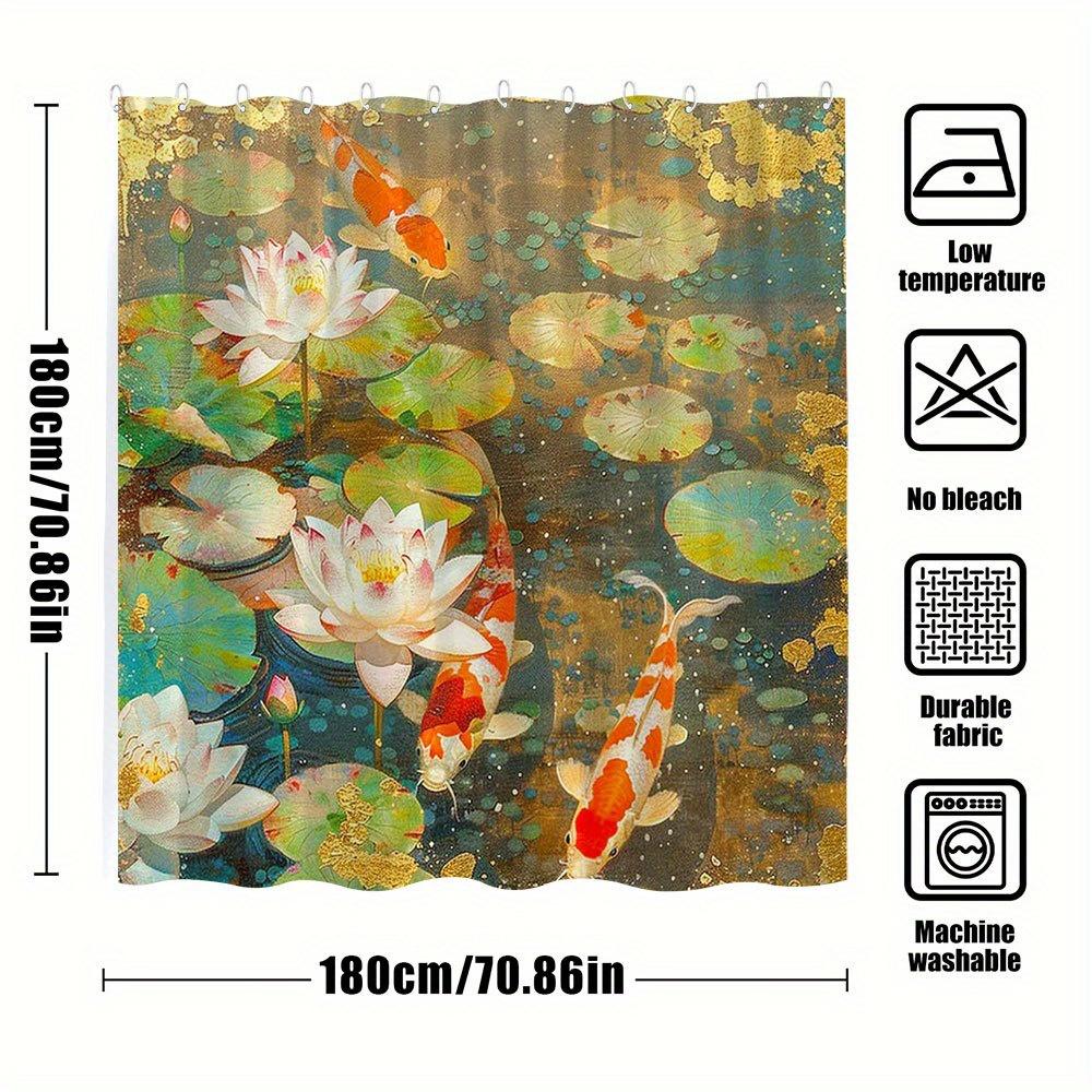1Pc Serene For Lotus & Koi Fish Pond Shower Curtain - Realism Impressionism Art With Pink White For Lotus, Orange Koi,