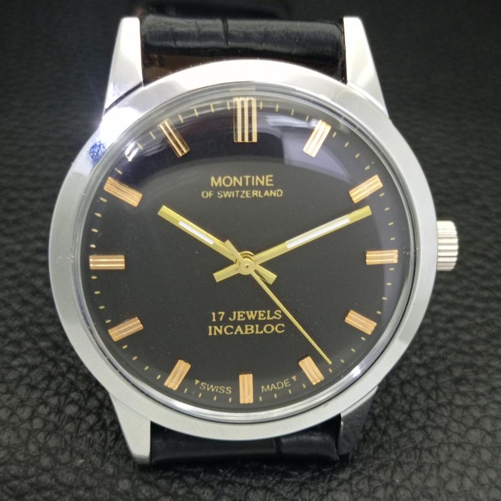 SWISS VINTAGE MONTINE HAND-WINDING MENS REFURBISHED BLACK DIAL WATCH a441065-1