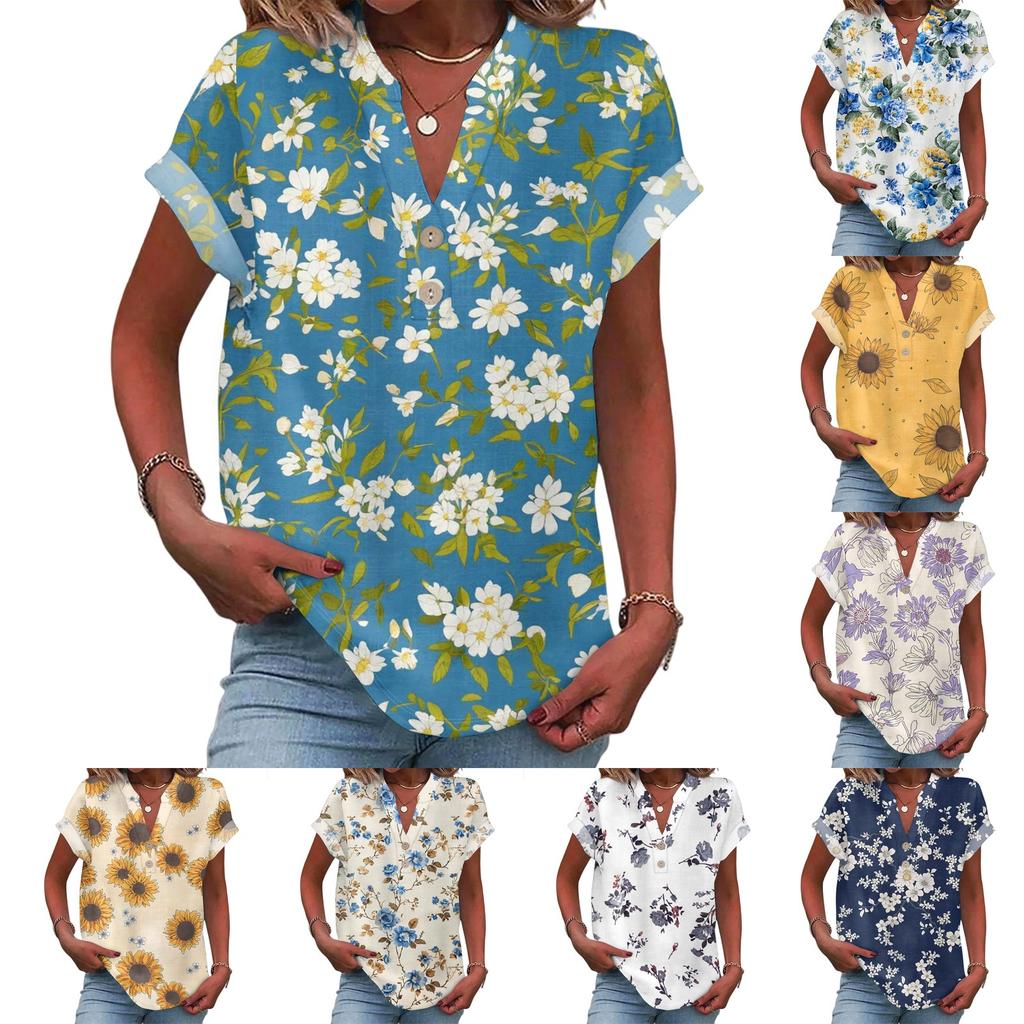 Damen Lässige Mode V-Ausschnitt Knopf Floraler Druck Kurzarm Top