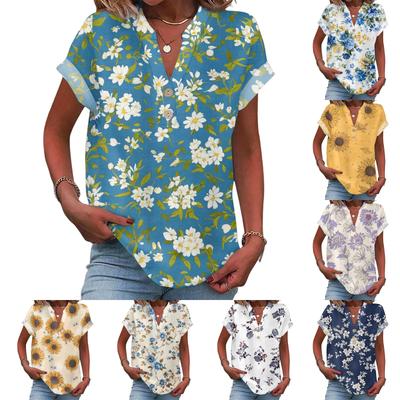 Ladies Casual Fashion V-Neck Button Floral Print Short Sleeve Top