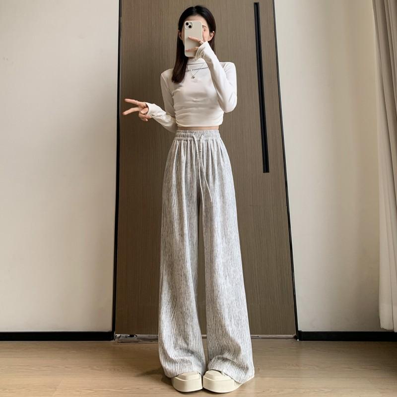 

Retro lazy wind striped wide-leg sports casual pants women s spring and autumn new pleated texture design mopping pants S светло-серый