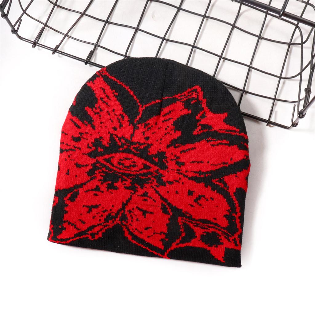 Unisex Jacquard Eye Flower Pattern Knitted Beanies Hat Fashionable Winter Warm Hiphop Bonnet Skull Hat for Men and Women