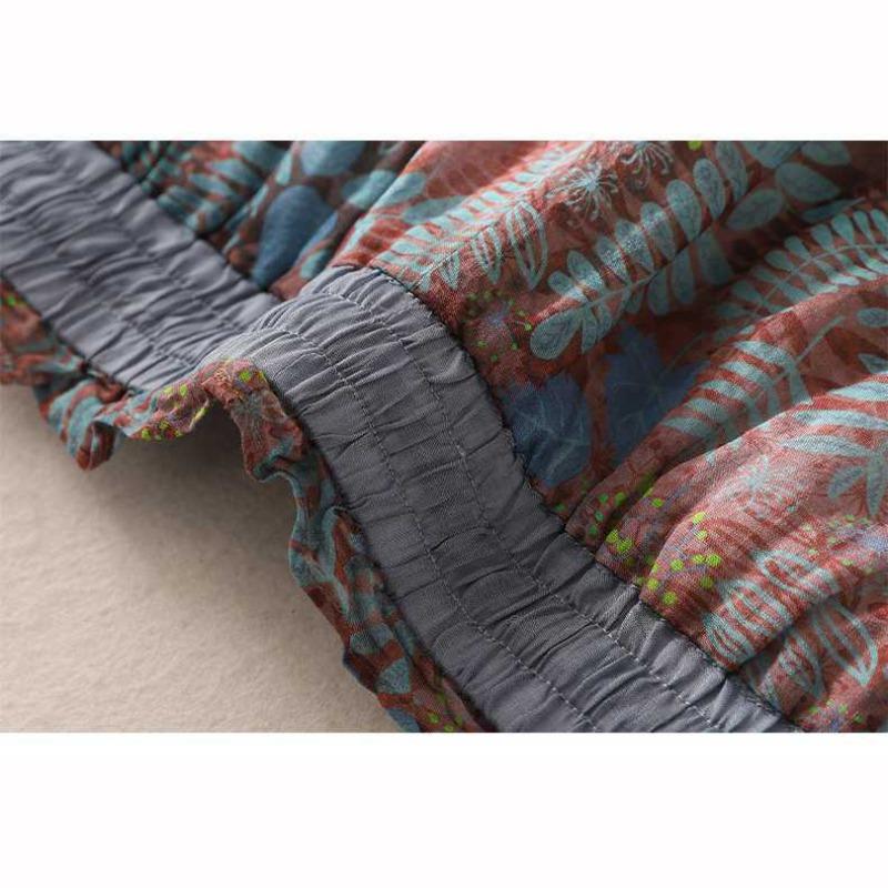 Vintage Floral Print Thin Ramie Pants Women Summer Elastic Waist Ankle Length Trousers Loose Wide Legs Pants