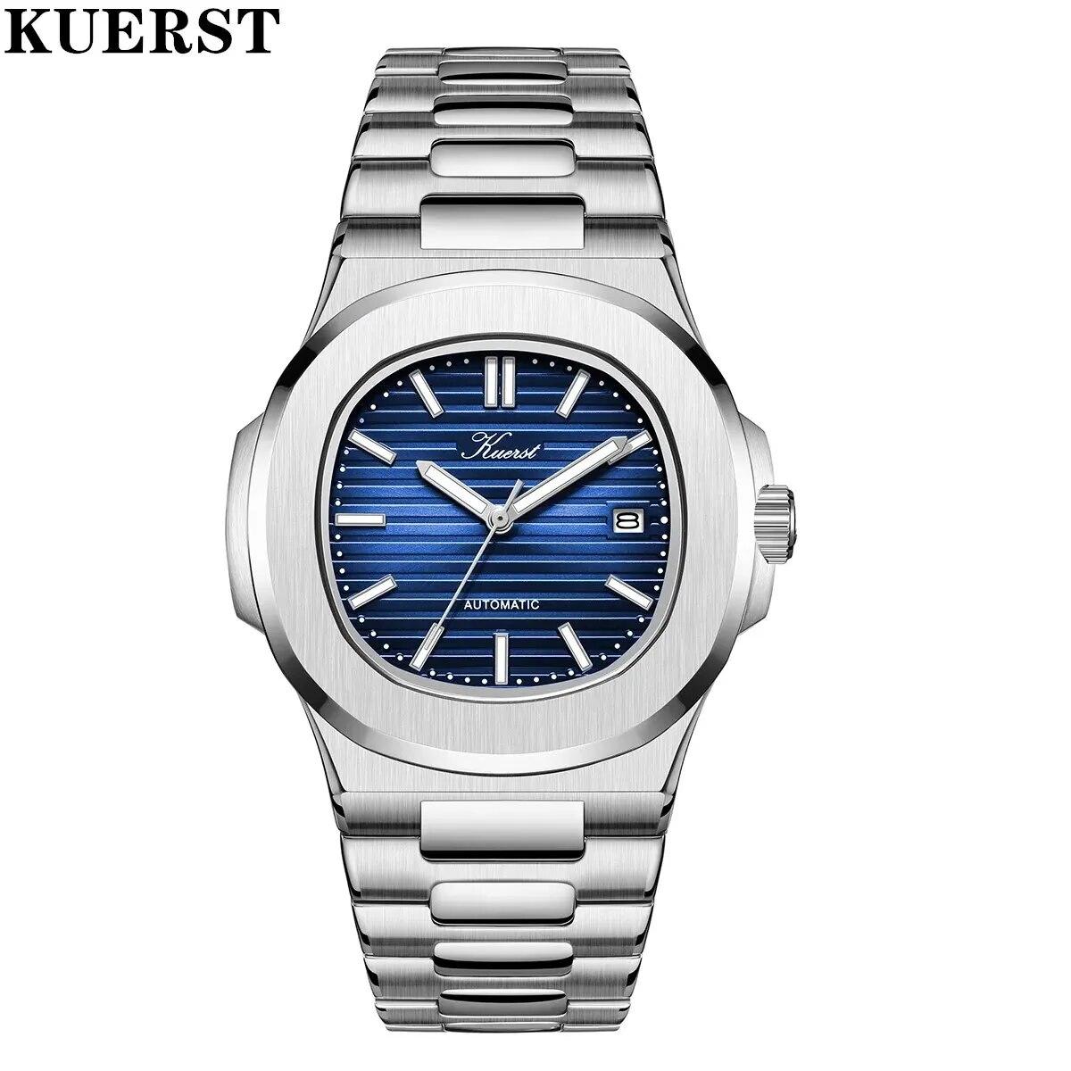 

Классические мужские автоматические механические водонепроницаемые квадратные часы KUERST со стальным ремешком и светящимся циферблатом, крутые