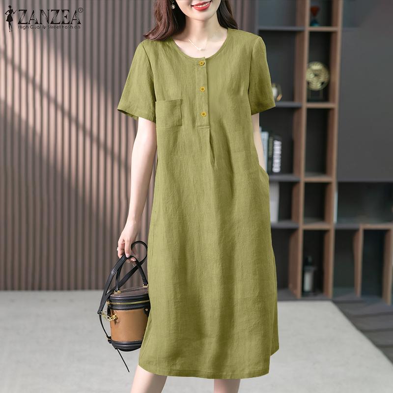 

ZANZEA женское летнее свободное платье трапециевидной формы с круглым вырезом и короткими рукавами и карманами на пуговицах