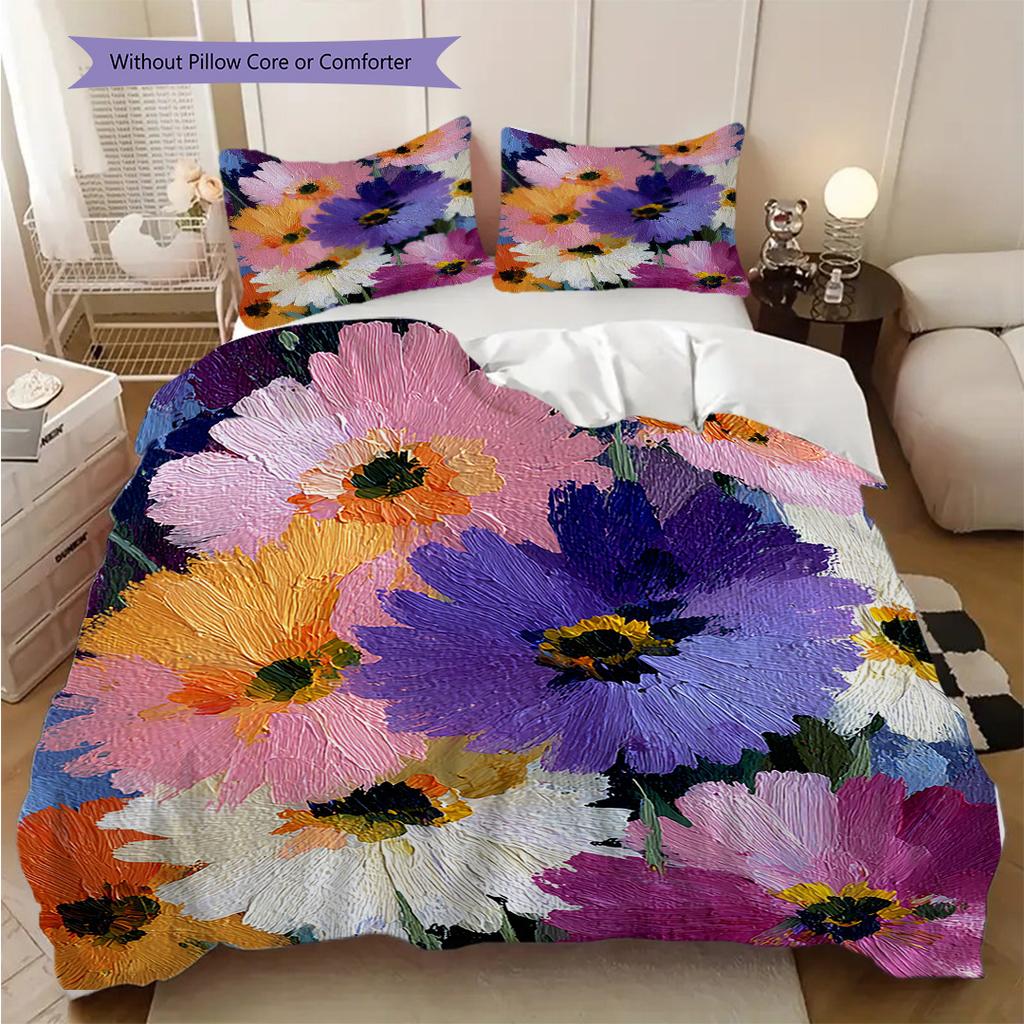 Flower Painting Pattern Bedding Quilt Set Quilt Cover Pillowcase Home Decoration Birthday Gift (1 * duvet cover + 2 * pillowcase, without core)