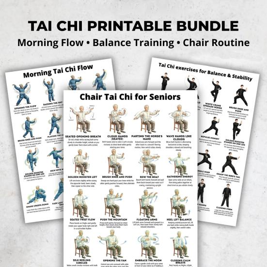 3Pcs Seated Tai Chi Practice Poster for Seniors Balance Stability Training