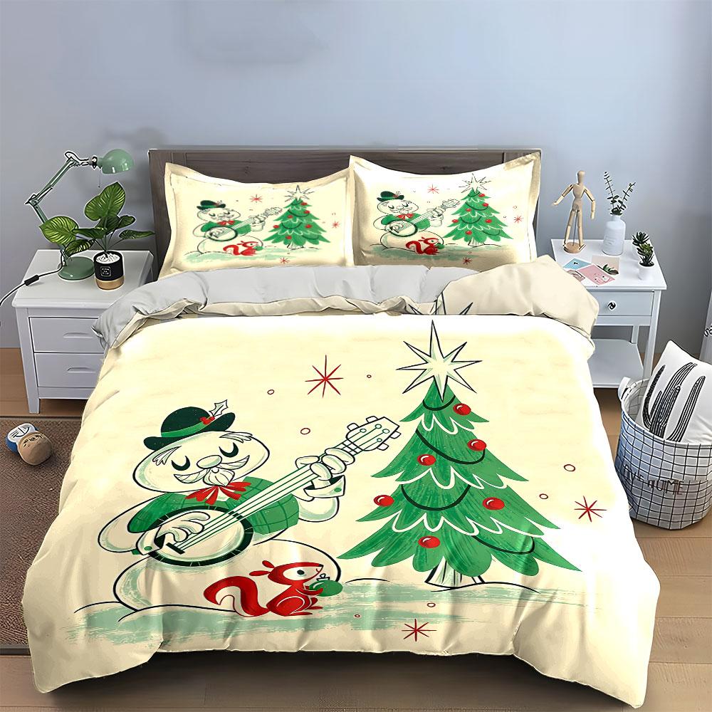 Snowman Playing Banjo Scene Bedding Duvet Cover Set Duvet Cover Pillowcases (1*Duvet Cover 2*Pillowcases, without duvet insert)