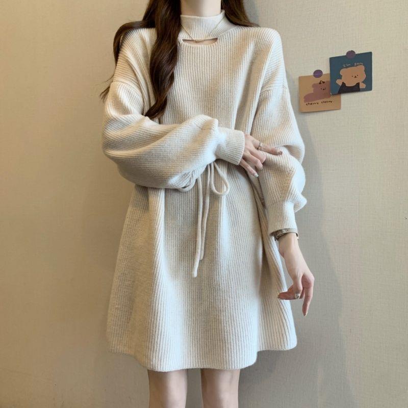 

Plus Size Women s High Neck Knit Dress: Waist-Cinching Slimming Base Layer for Autumn/Winter 2XL for 125-135 Jin