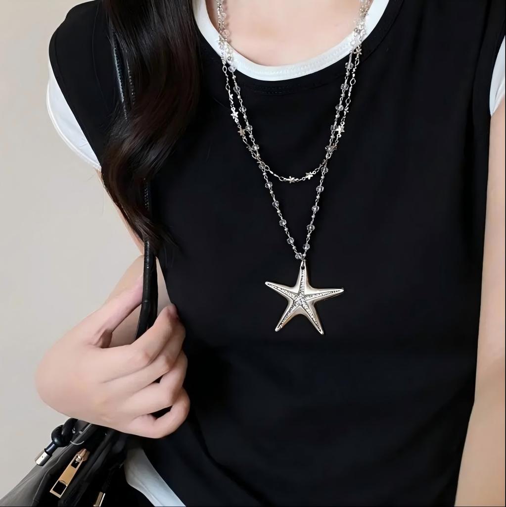 Minimalist Star Double Silver Starfish Beaded Necklace Long Sweet And Cool Spice Girl Style Accessories Women