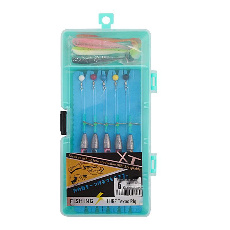 Lure Portable Texas Rig Fishing Set with Pre-tied Line, Curly Tail, Bullet Weight, Bead, and Crank Hook