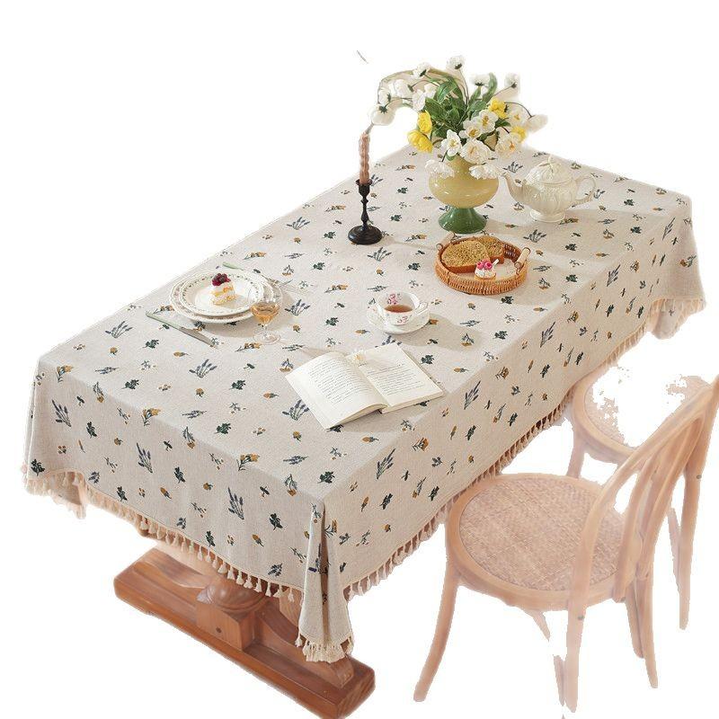 American Linen Natural Color Embroidery Embroidery Fringed Flower Coffee Table Tablecloth Dining Table Cloth Ins Decoration