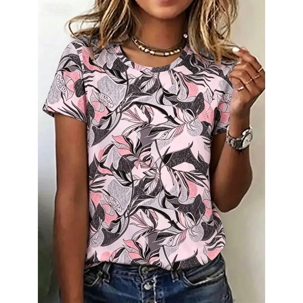 Women's Flower Print Fashion Versatile Top Casual Short Sleeve Loose Crew Neck T-Shirts Women’s