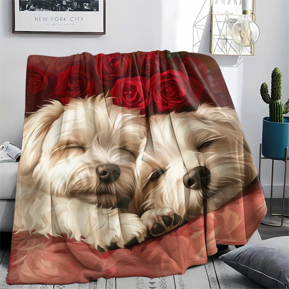 Maltese dog and roses,pattern Flannel Blanket, High quality Comfortable for All Seasons, Home Decor, Warmth and Comfort, Perfect for Gifts.