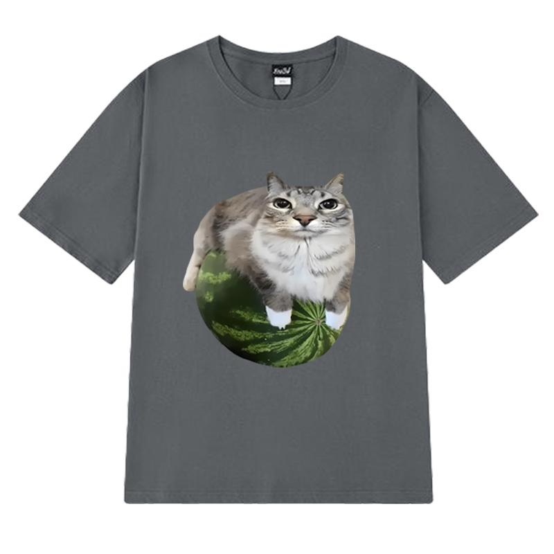 Funny Watermelon Cat Silly Cat Meme Printed T Shirt 2025 New Men Women Oversized Short Sleeve T-shirts Unisex 100% Cotton Tops