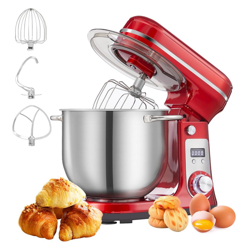 Biolomix Stand Mixer, 1200W DC Quiet Motor 6L Stainless Steel Bowl, 6+Pulse Speeds Electric Kitchen Mixer with LCD Timer, Dough Hook, Beater, Whisk