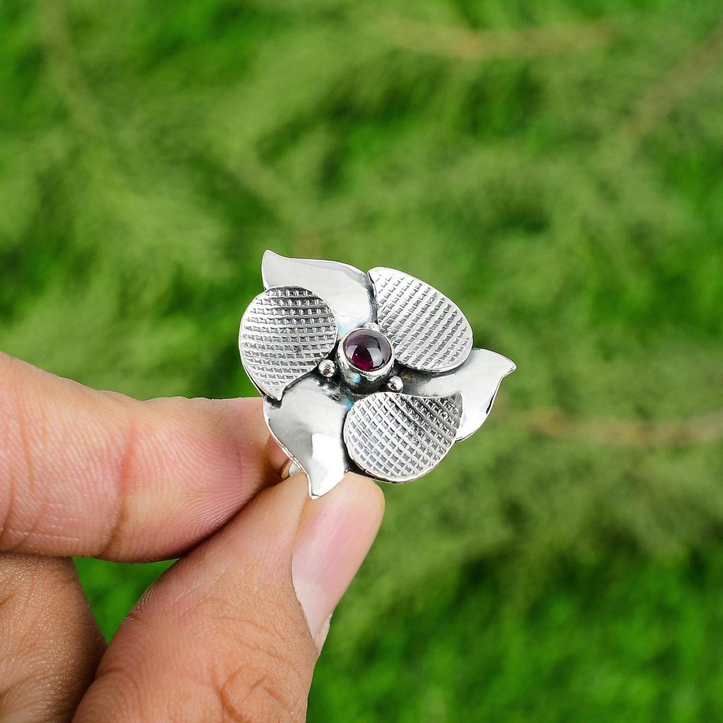 Natural Tourmaline Gemstone Statement Flower Pink Adjustable Ring 925 Silver