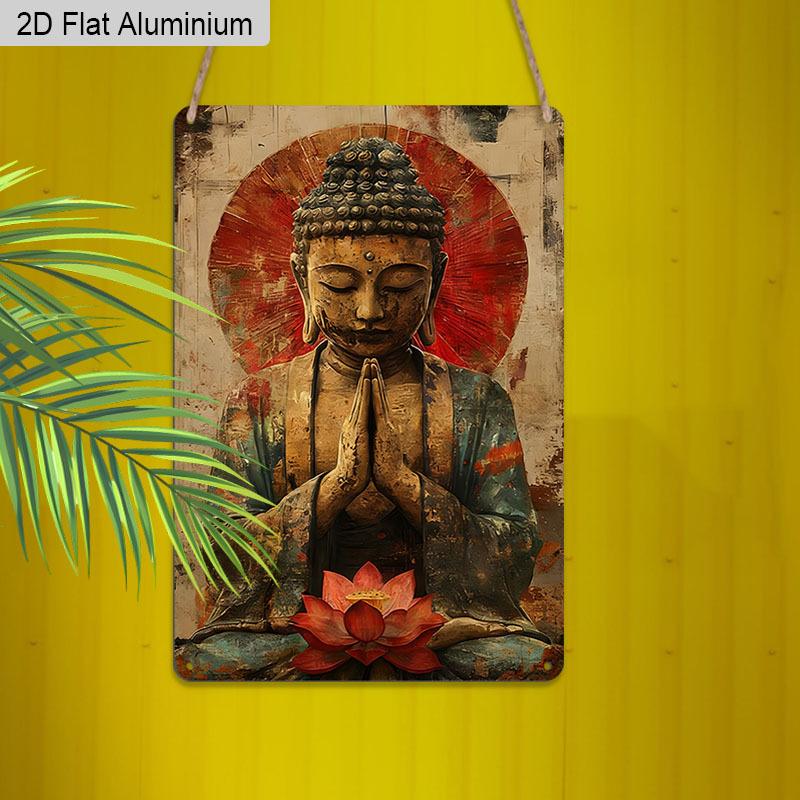2D Flat, 1pc Vintage Spiritual Aluminium Wall Art Sign "Serene Buddha with Lotus"- 8"x12" Aluminium Rustic Home Decor, Meditation Room & Yoga Studio