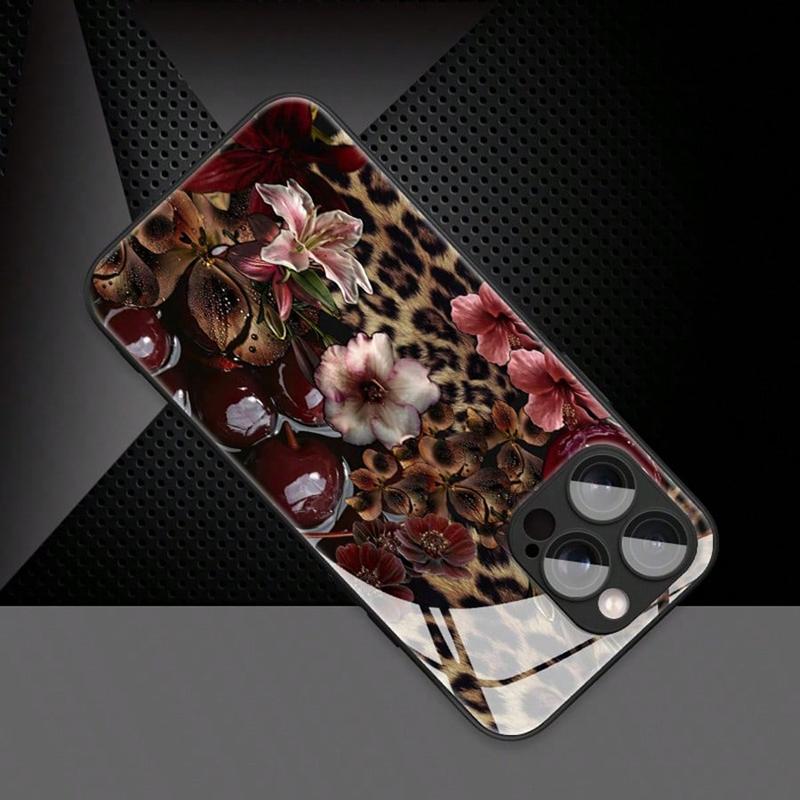 Luipaard Kersenpatroon Gehard Glas Telefoonhoesje Voor iPhone 17 16 15 14 13 12 11 Pro Max 17Air 16E 7 8 15 Plus XR XS X Hoesje